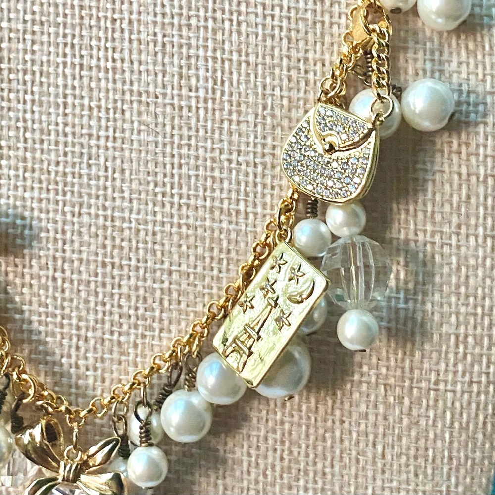 LilyLilyL Charming Gold-Tone & Pearl Statement Necklace w/Bow & Crystal Charms - Picture 6 of 10